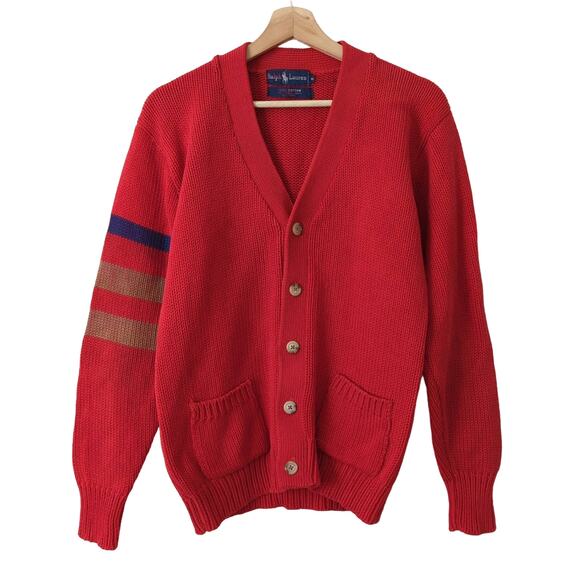 VTG Ralph Lauren Men's Red V-Neck Cardigan Sweater Varsity Stripe Shirt 90s M - Picture 1 of 6